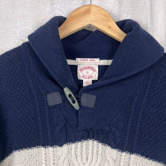 Brooks Brothers virgin wool wide rugby stripe shawl collar cable knit sweater L - Picture 2 of 7